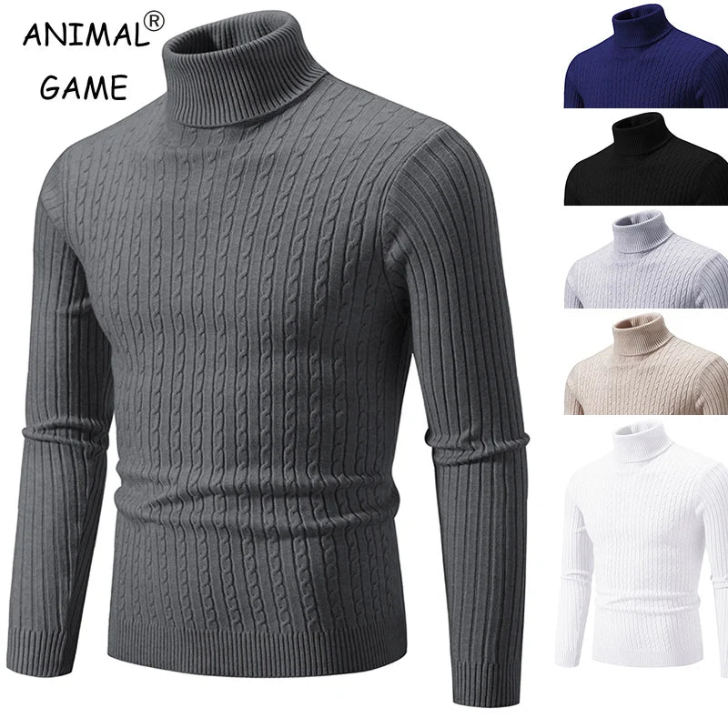 New Men's High Neck Sweater Solid Color Pullover Outdoor Tops