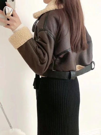 Women Streetwear Faux Lamb Leather Short Jacket with Belt