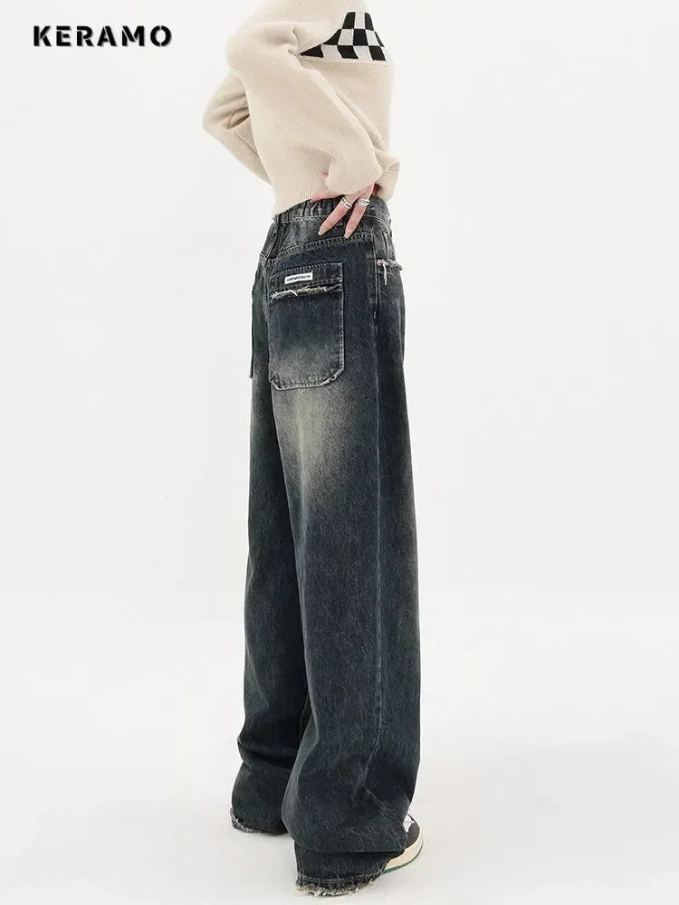 Streetwear Women High Waist Jeans Loose Wide Leg Straight Loose Denim Trousers