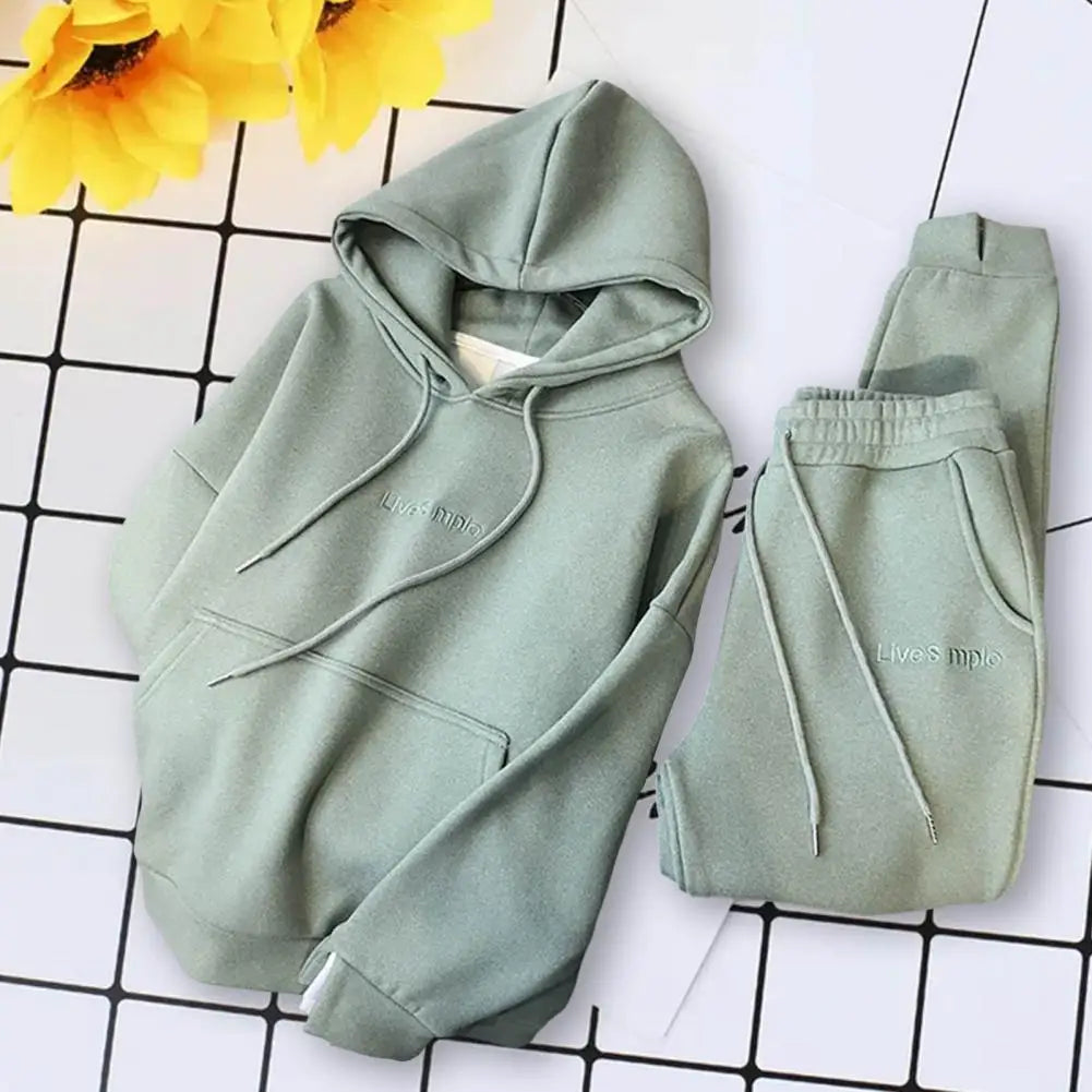 Top Trousers Set Shrinkable Solid Color Women Hoodie Jogging Pants