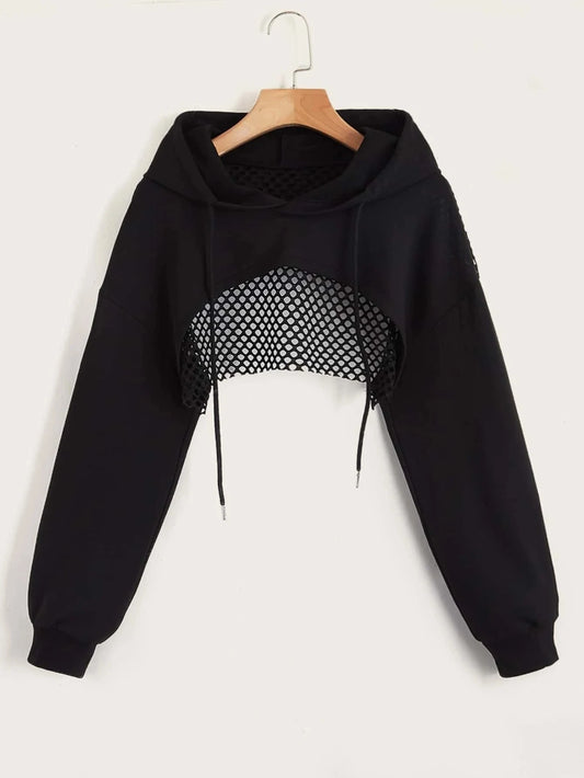 Street Sport Drop Shoulder Drawstring Hollow Out Super Crop Sports Hoodie