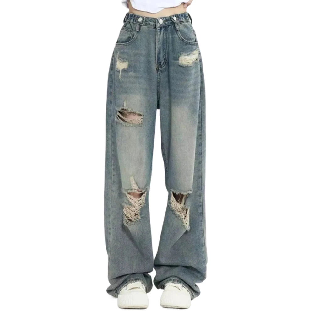 American Retro Hole-punched Jeans Women High Waist
