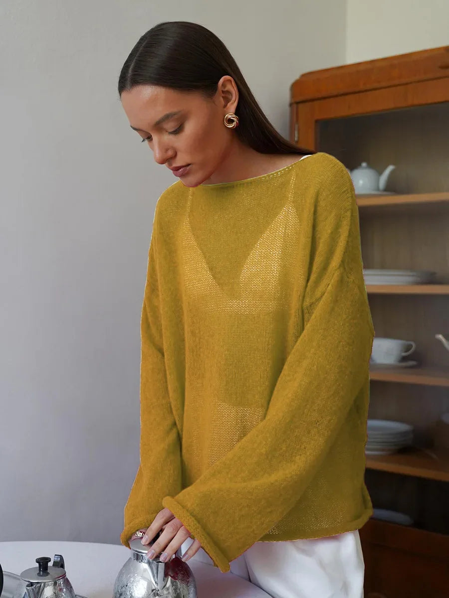 Pullover Women's Solid See-through T-Shirt Loose Casual Pullover