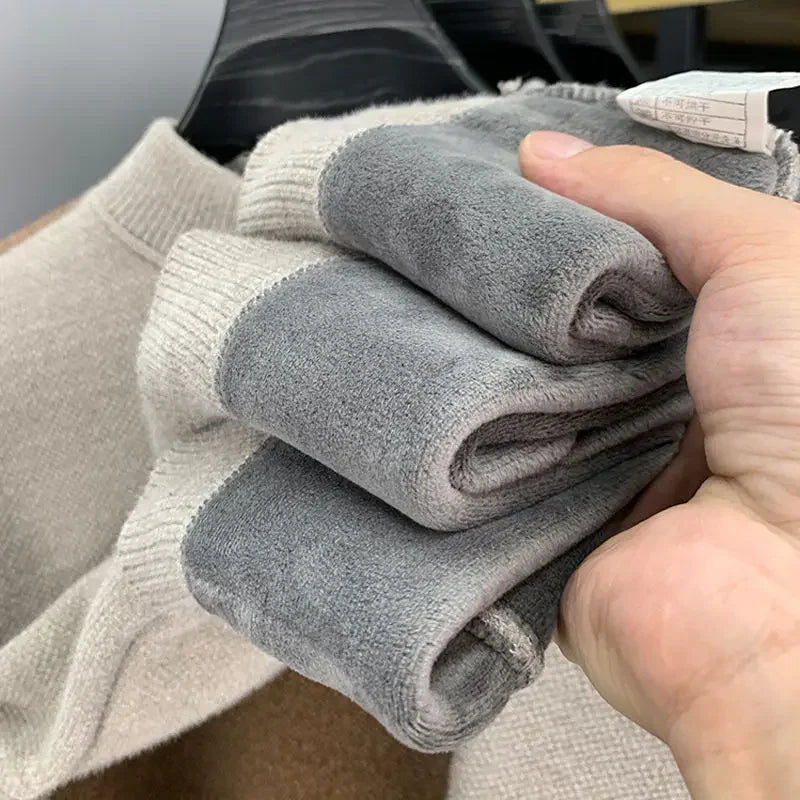 Men's Warm Fleece Sweater O-Neck Embroidered Casual Knitted Inner