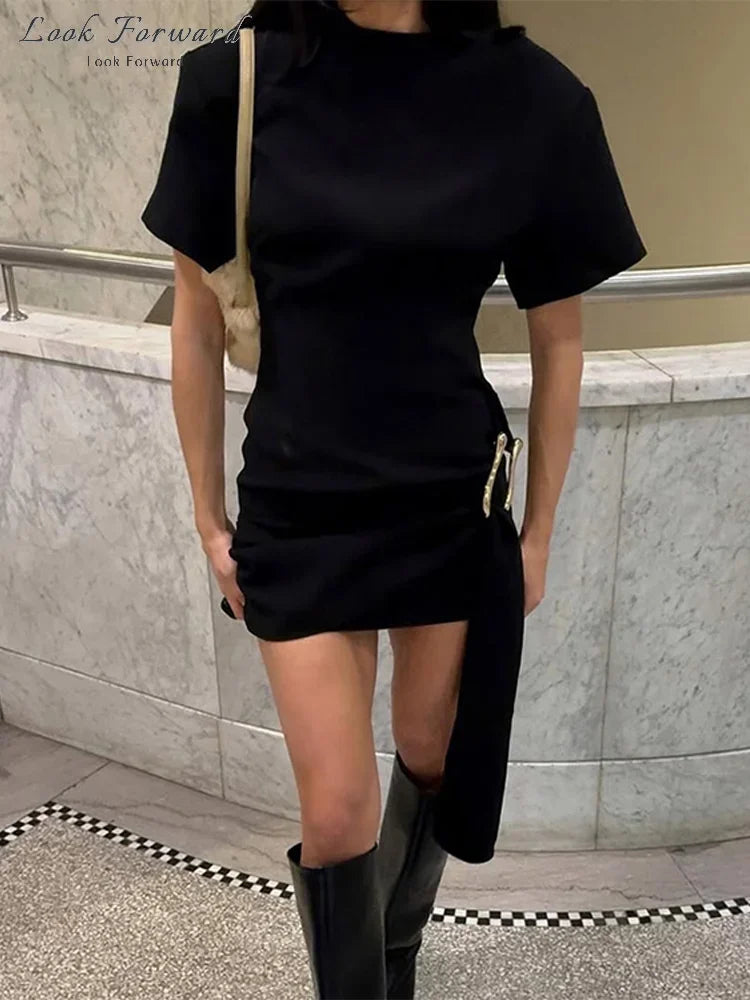Woman Ribbons Slim O-neck Short Sleeve Above Knee Dresses