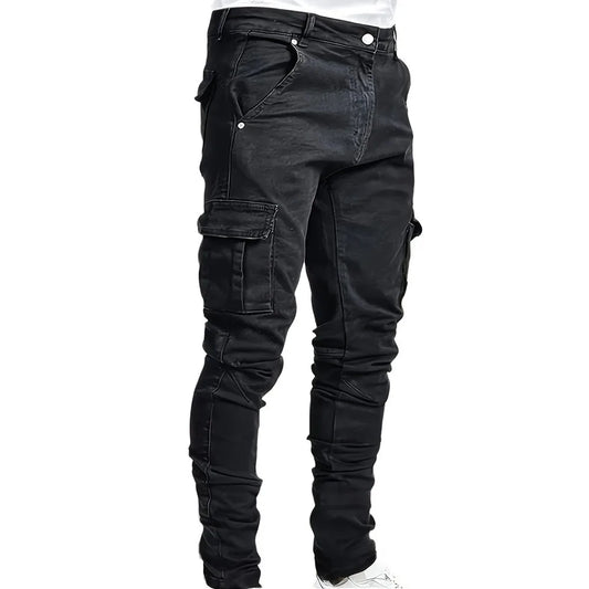 Men  Denim Brand Jeans Narrow Legs Multi Pockets Cargo Pants