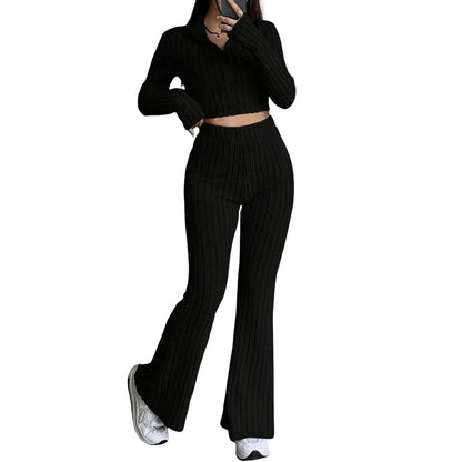 Long Sleeved Short Top and High Waisted Flared Pants Set for Women's Casual Wear