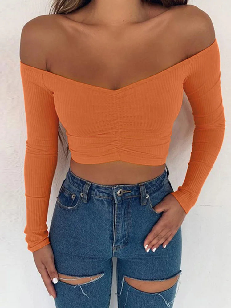 Women T-shirts sexy long sleeve off shoulder