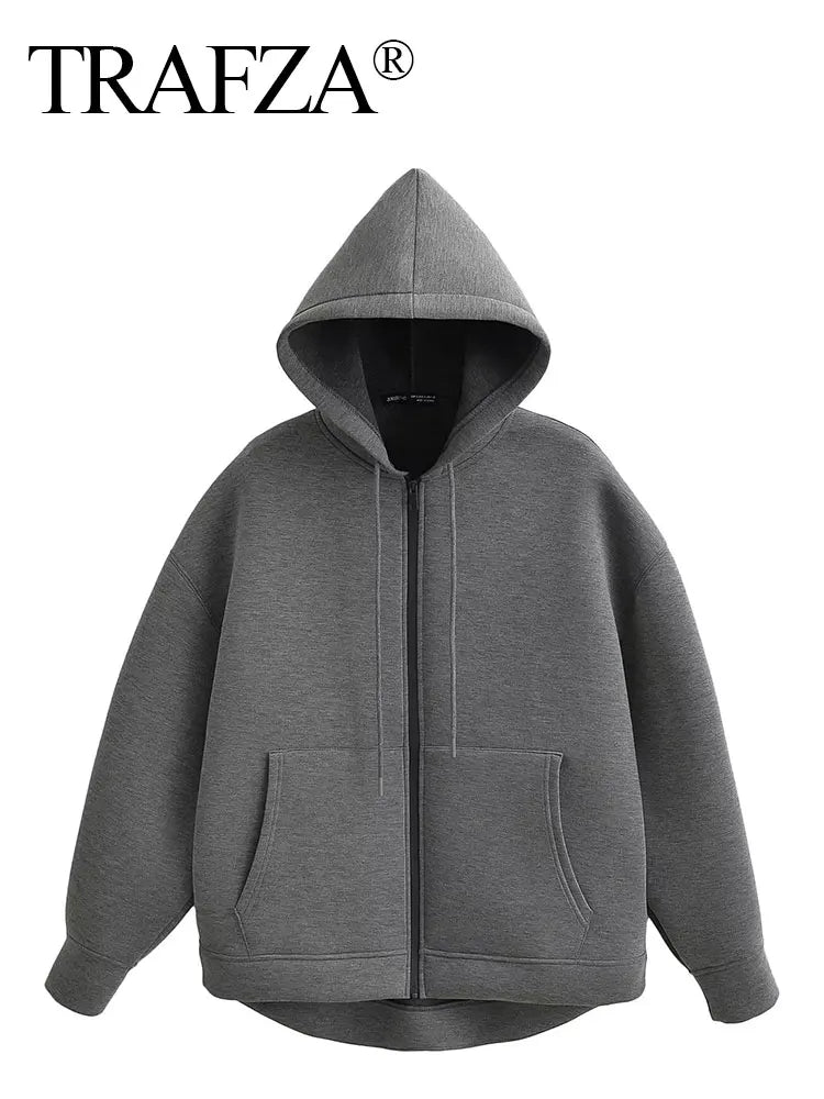 Women Gray Jacket With Hood Long Sleeve Big Pocket