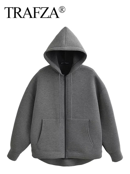 Women Gray Jacket With Hood Long Sleeve Big Pocket