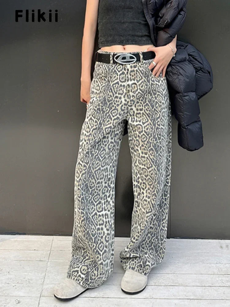 American Retro Leopard High Waist Baggy Jeans Women's Casual Pockets