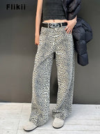 American Retro Leopard High Waist Baggy Jeans Women's Casual Pockets
