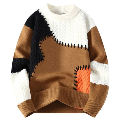 Men Sweater Patchwork Casual Knit Pullovers