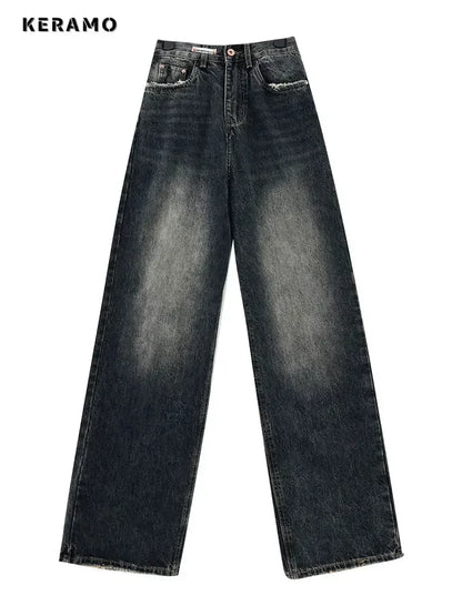 Streetwear Women High Waist Jeans Loose Wide Leg Straight Loose Denim Trousers