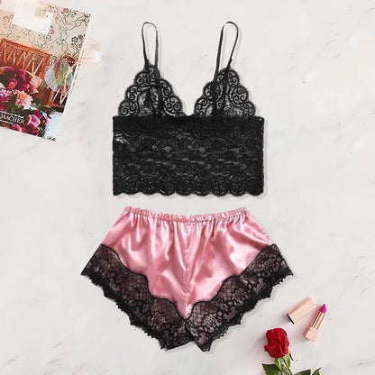 Chic Lace Nightwear Set – Feminine Sheer Design in Black and Pink