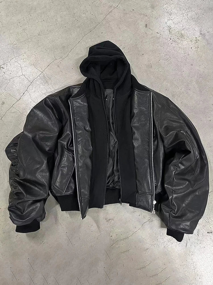 Winter Oversized Cool Black Thickened Warm Pu Leather Bomber Jacket Men