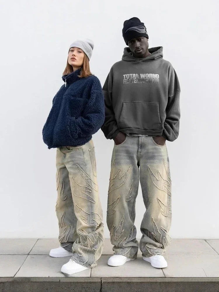 American New Fashion Patch Baggy Casual Jeans For Men And Women