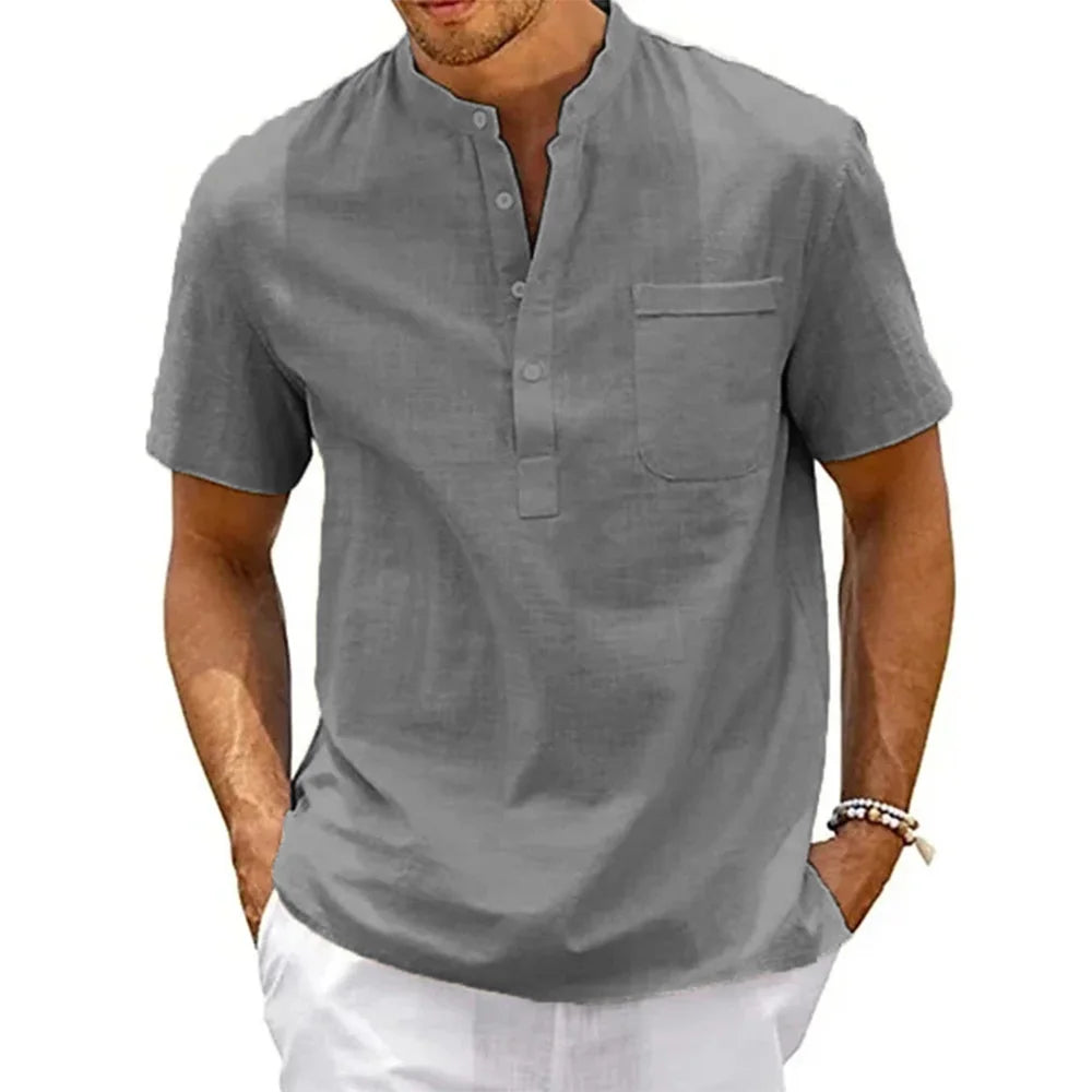 Cotton Shirt Men Neck Pocket Casual Beach Short T-shirts Vintage Streetwear