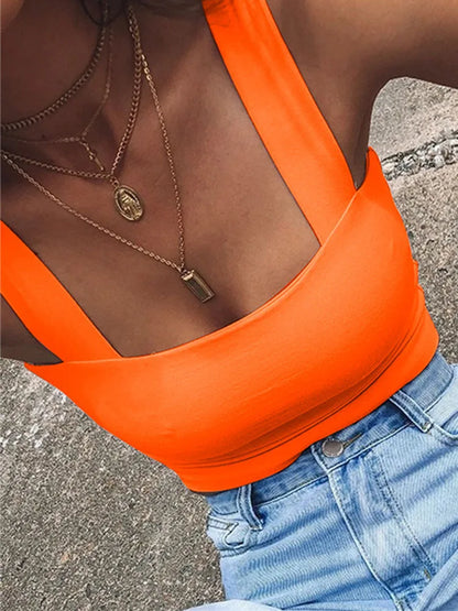 Square Neck Sleeveless Summer Crop Top White Women Black Casual Basic T Shirt
