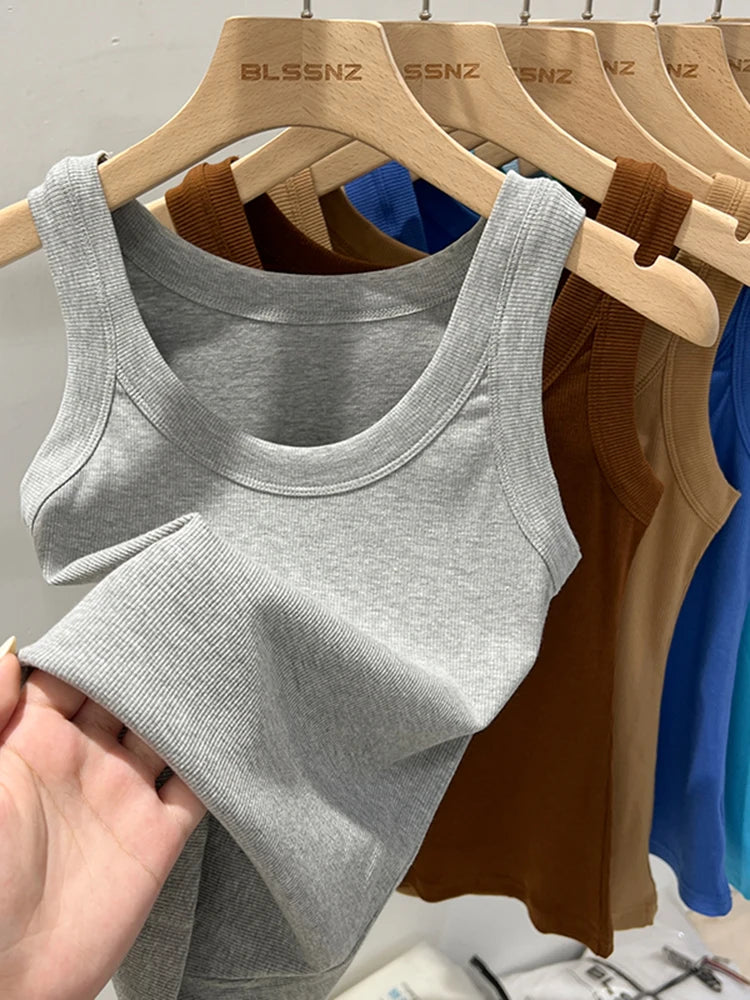 Women 2025 Summer Basic Elastic Tank Top O Neck Solid Top