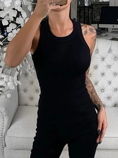 Summer Basic Elastic Tank Top O Neck Solid Top