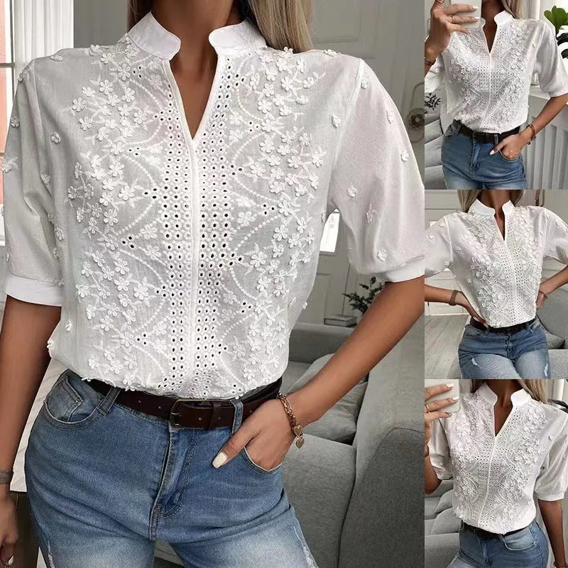 Short Sleeve White Shirt Vintage Tops Crochet Hollow Blouses For Women
