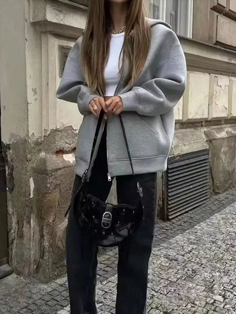 Women Gray Jacket With Hood Long Sleeve Big Pocket