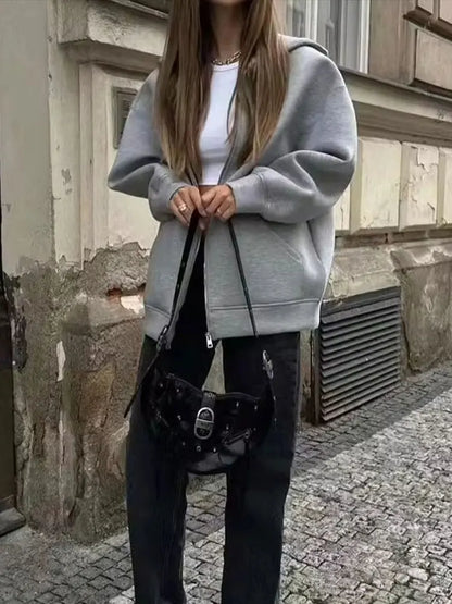 Women Gray Jacket With Hood Long Sleeve Big Pocket