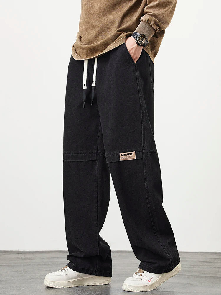 Men's Jeans Large Size String Banding Wide Leg Denim Pants