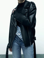 Women Loose Motorcycle Biker Black Leather Jacket with Belt