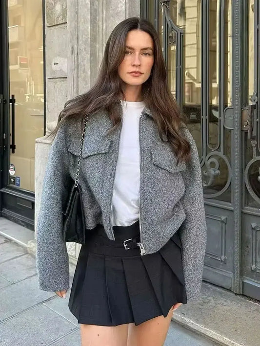 Women Fashion Patch Pockets With Flaps Cropped Jacket Coat