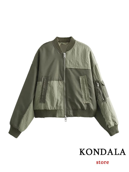 Women Patchwork Zipper Pockets Oversized Jackets 2025
