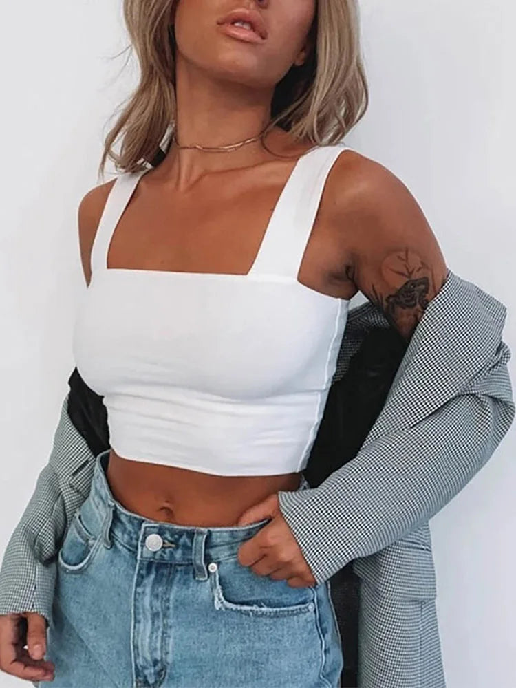 Square Neck Sleeveless Summer Crop Top White Women Black Casual Basic T Shirt