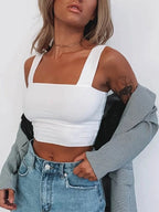 Square Neck Sleeveless Summer Crop Top White Women Black Casual Basic T Shirt