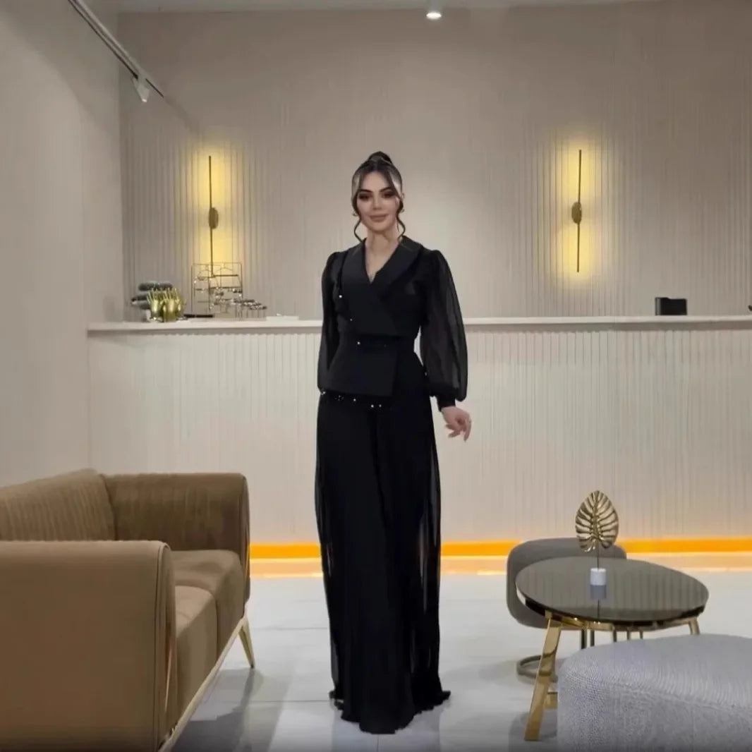 Long Skirt Suit Set with Tassel Lace Pleated Suit Women