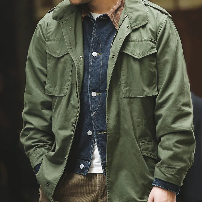 Men’s Vintage Green Army Jacket with Utility Pockets