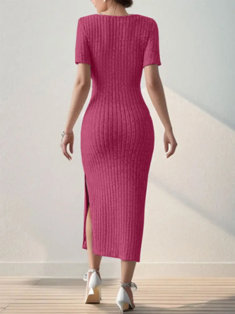 Square Neck Hip-Hugging Mid-Length Skirt, Short-Sleeved