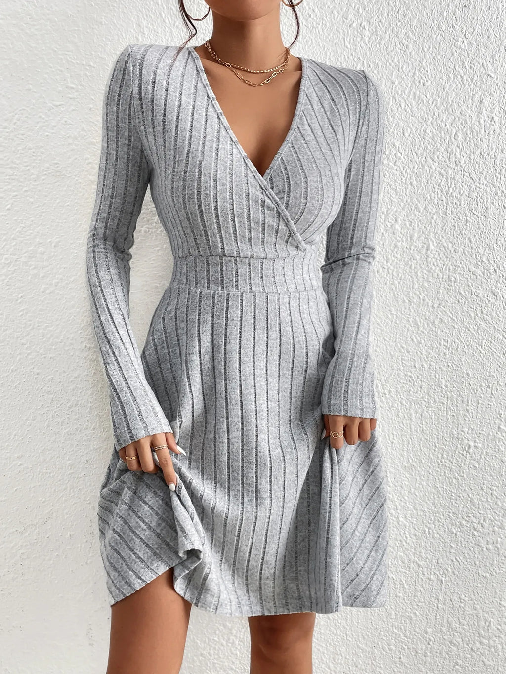 New Women Knit Slim Sexy Dress V-Neck Long Sleeve Dress