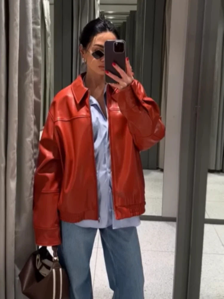 Fashion Green Loose Leather Jackets Women's  Long Sleeve Short Coats