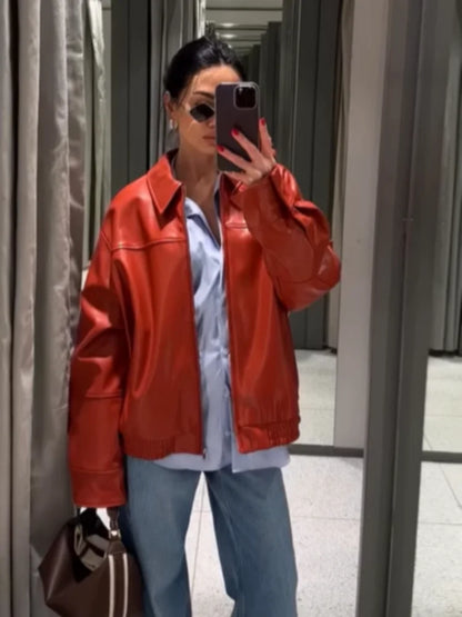Fashion Green Loose Leather Jackets Women's  Long Sleeve Short Coats