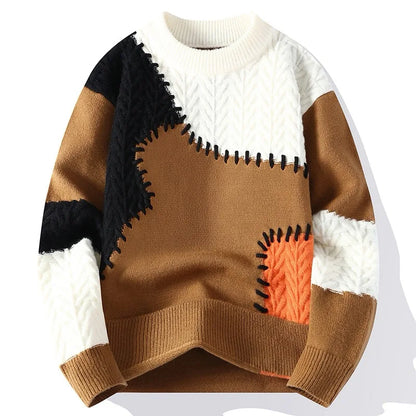 Men Sweater Patchwork Casual Knit Pullovers