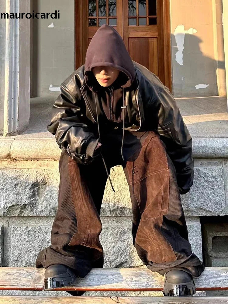 Winter Oversized Cool Black Thickened Warm Pu Leather Bomber Jacket Men