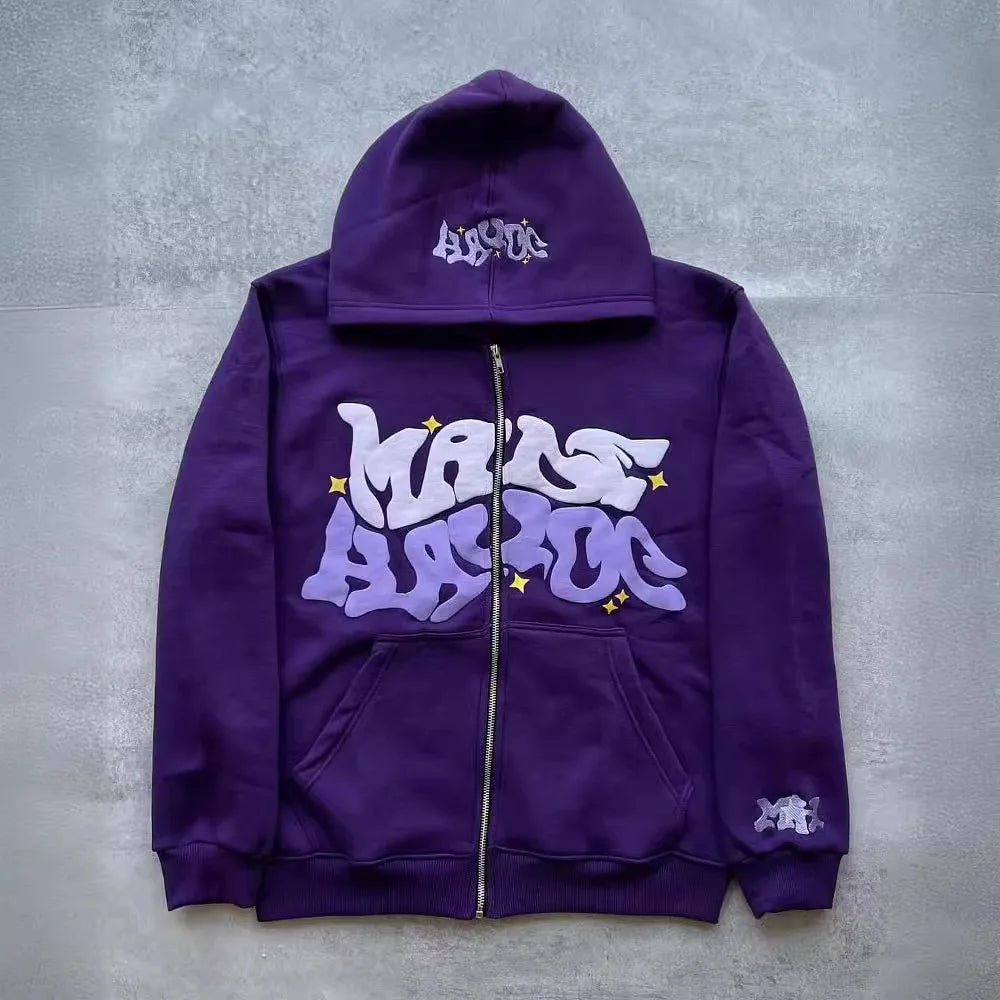 American Colorful Letter Print Zipper Hoodie Men Fashion High Street Oversized Sweatshirt Women Retro Casual Jacket