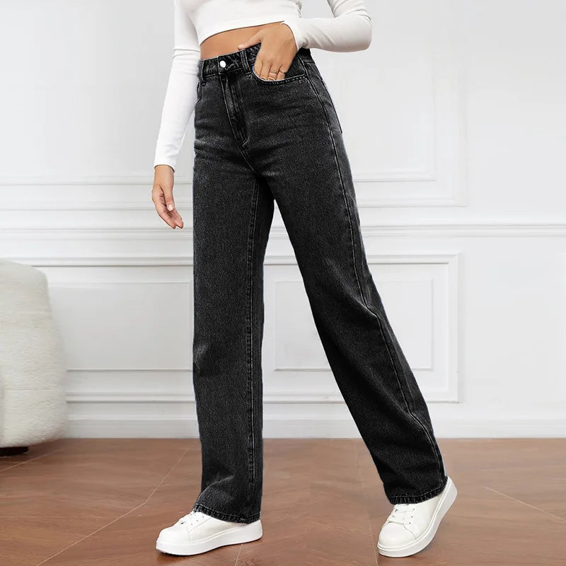 New Fashion Washed High-waisted Jeans Wide-leg Pants