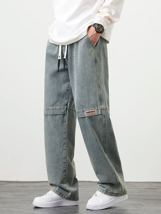 Men's Jeans Large Size String Banding Wide Leg Denim Pants