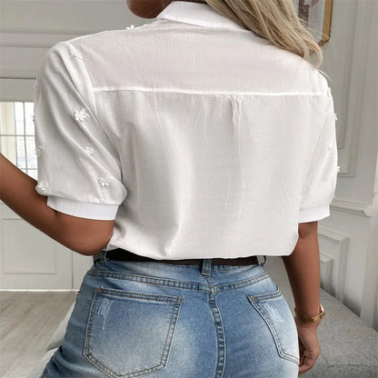 Short Sleeve White Shirt Vintage Tops Crochet Hollow Blouses For Women