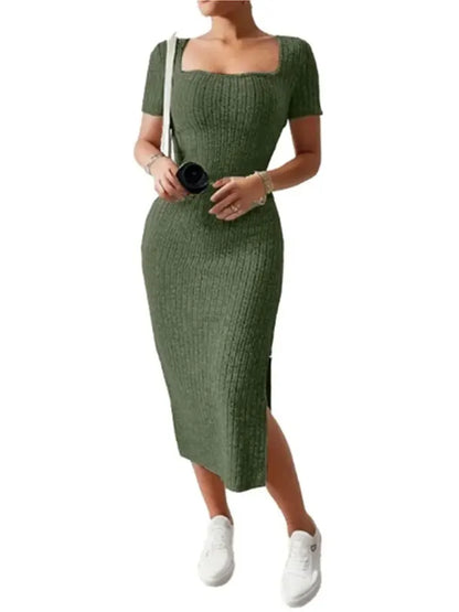 Square Neck Hip-Hugging Mid-Length Skirt, Short-Sleeved