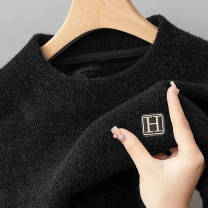 Men's Warm Fleece Sweater O-Neck Embroidered Casual Knitted Inner
