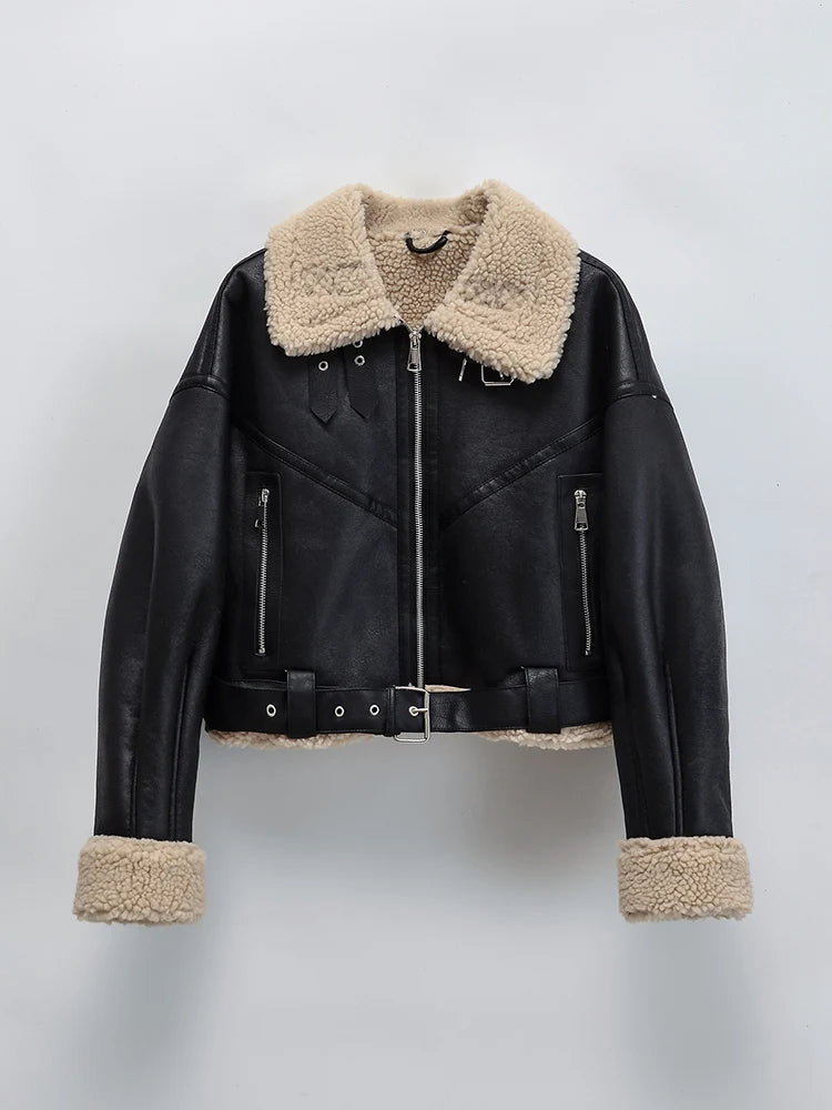 Women Streetwear Faux Lamb Leather Short Jacket with Belt