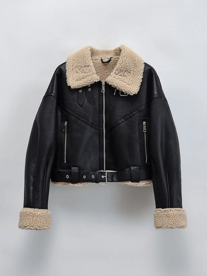 Women Streetwear Faux Lamb Leather Short Jacket with Belt